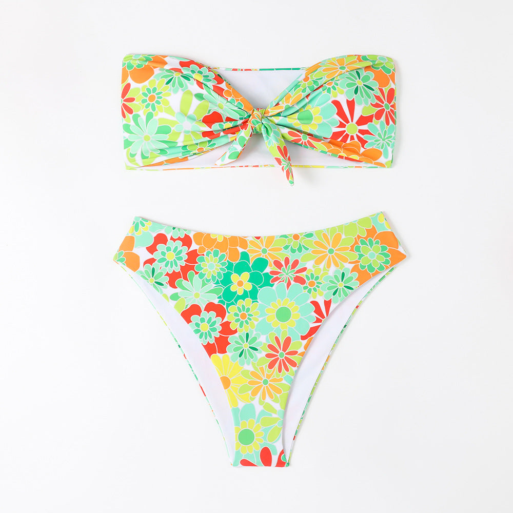 Damen Bandeau Bikini mit modischem Blumenmuster und verspieltem Knotendetail EB