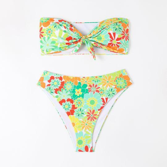 Damen Bandeau Bikini mit modischem Blumenmuster und verspieltem Knotendetail EB