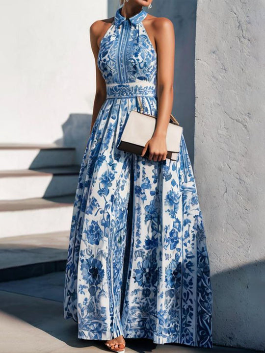 Damen Maxikleid mit floralem Kragen und ausgestelltem Rock EB