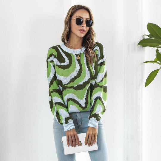 Damen lässiger Pullover mit einzigartigem Wellenmuster EB
