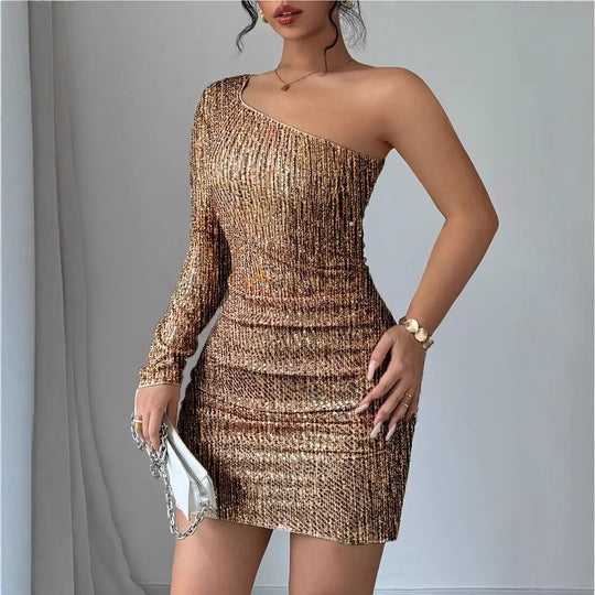 Damen Glitzerndes Cocktailkleid mit asymmetrischem Träger und Raffungen EB