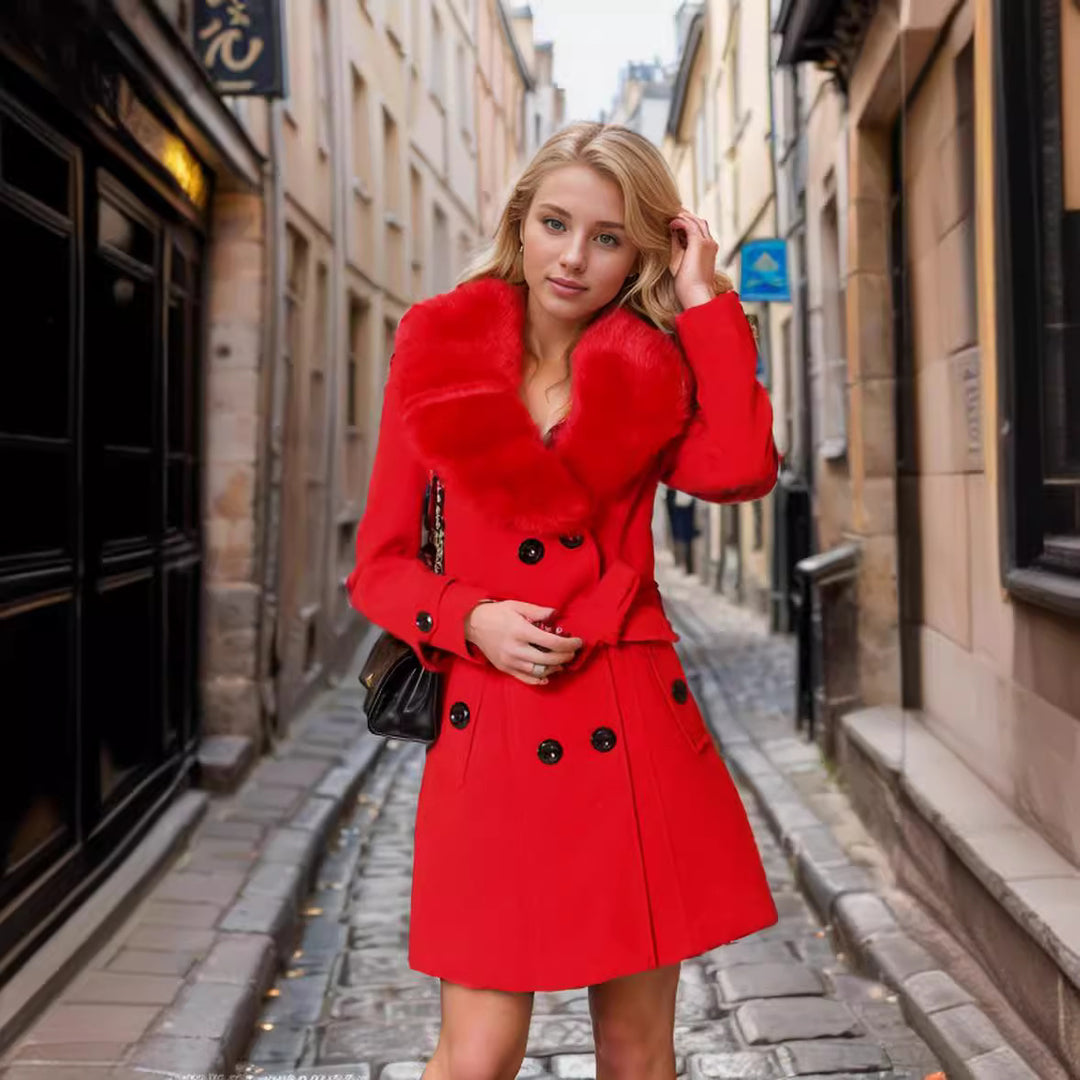 Damen eleganter Trenchcoat mit Kunstpelzkragen und Taillengürtel EB