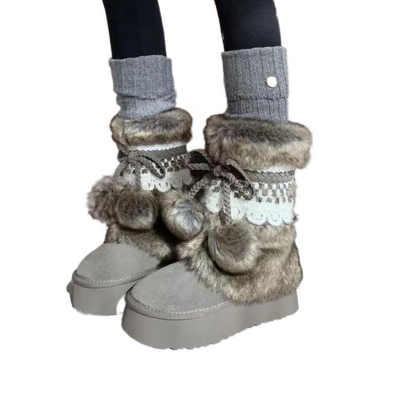 Damen Flauschige Winterboots mit dekorativem Kunstfell und praktischen Schnürdetails EB