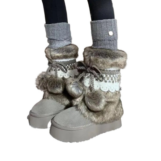Damen Flauschige Winterboots mit dekorativem Kunstfell und praktischen Schnürdetails EB
