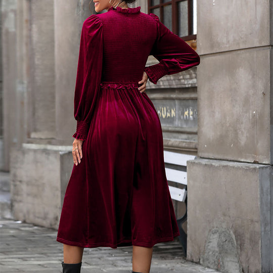 Damen elegantes Langarm-Wickelkleid mit Rüschendetails und hohem Rücken EB