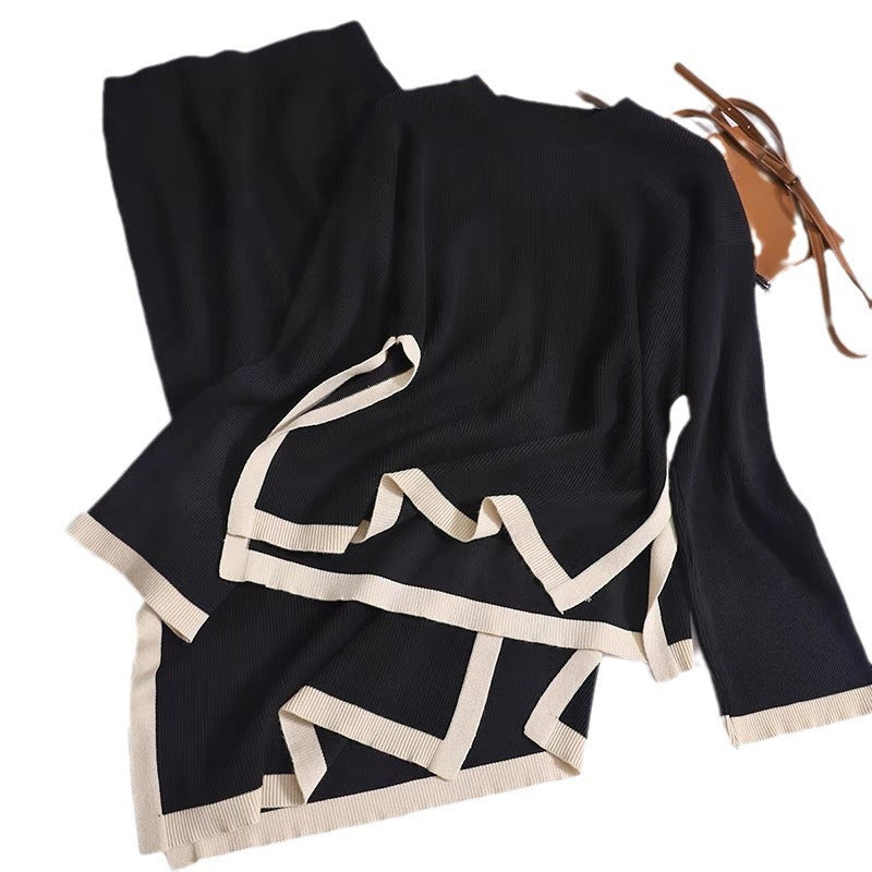 Damen modisches Strick-Loungewear-Set mit dekorativem Kontrastsaum EB