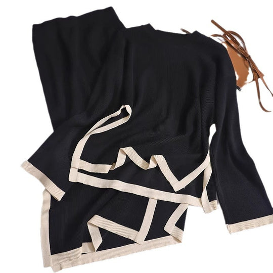 Damen modisches Strick-Loungewear-Set mit dekorativem Kontrastsaum EB