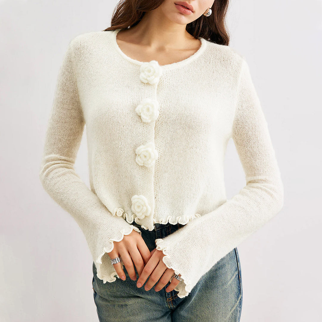 Damen kurze Strickjacke mit dekorativem Blumenknopf EB