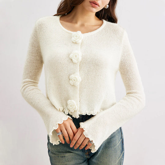 Damen kurze Strickjacke mit dekorativem Blumenknopf EB
