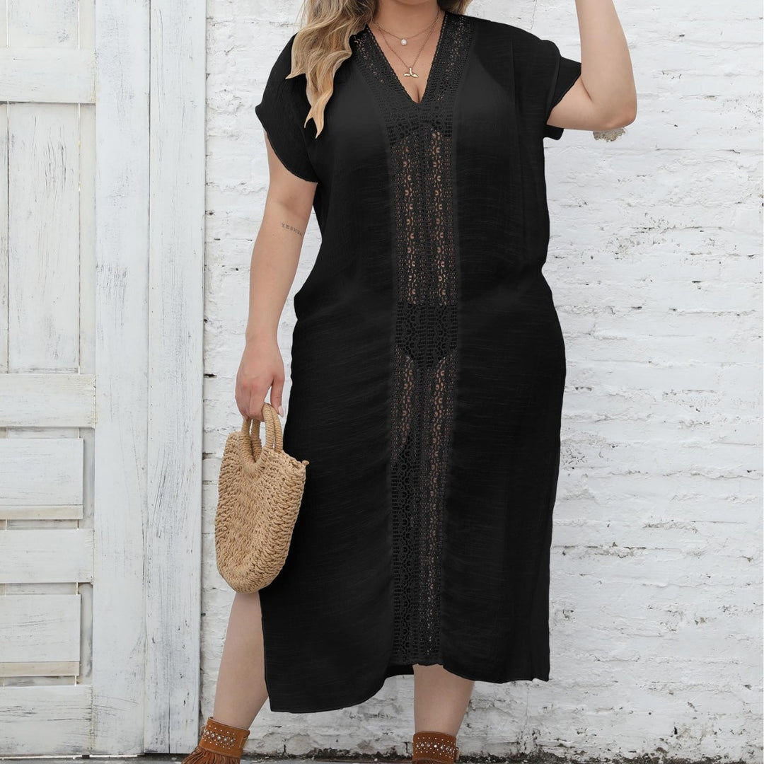 Damen eleganter Maxi-Kaftan mit großzügigem V-Ausschnitt und filigranen Häkelakzenten EB