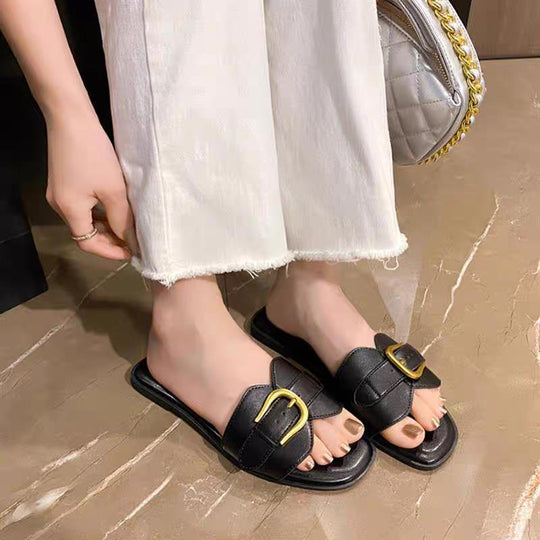 Damen modische Badeschuhe mit trendigem Riemen und goldfarbener Schnalle EB
