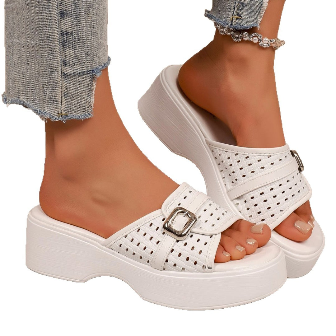 Damen Plattform-Pantoletten mit perforiertem Design und verstellbarem Riemen EB