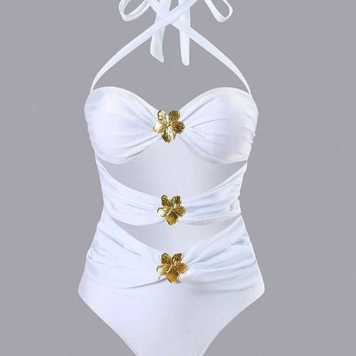 Damen Designer Badeanzug mit elegantem Wickeldesign und goldenen Akzenten EB