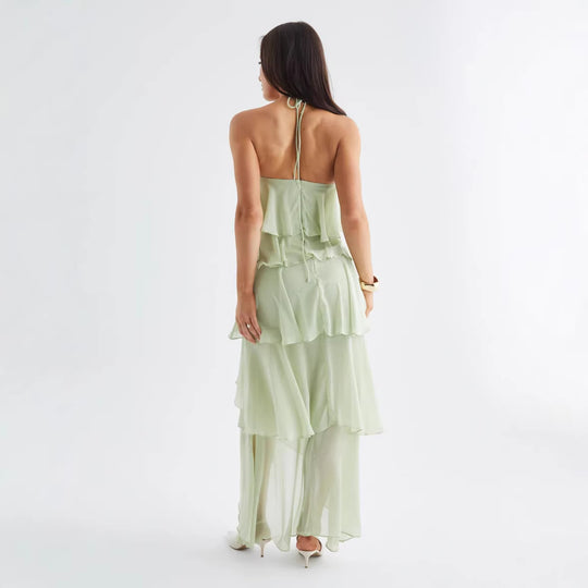 Damen Luftiges Chiffon-Maxikleid mit Rüschendetails und elegantem Halterneck EB