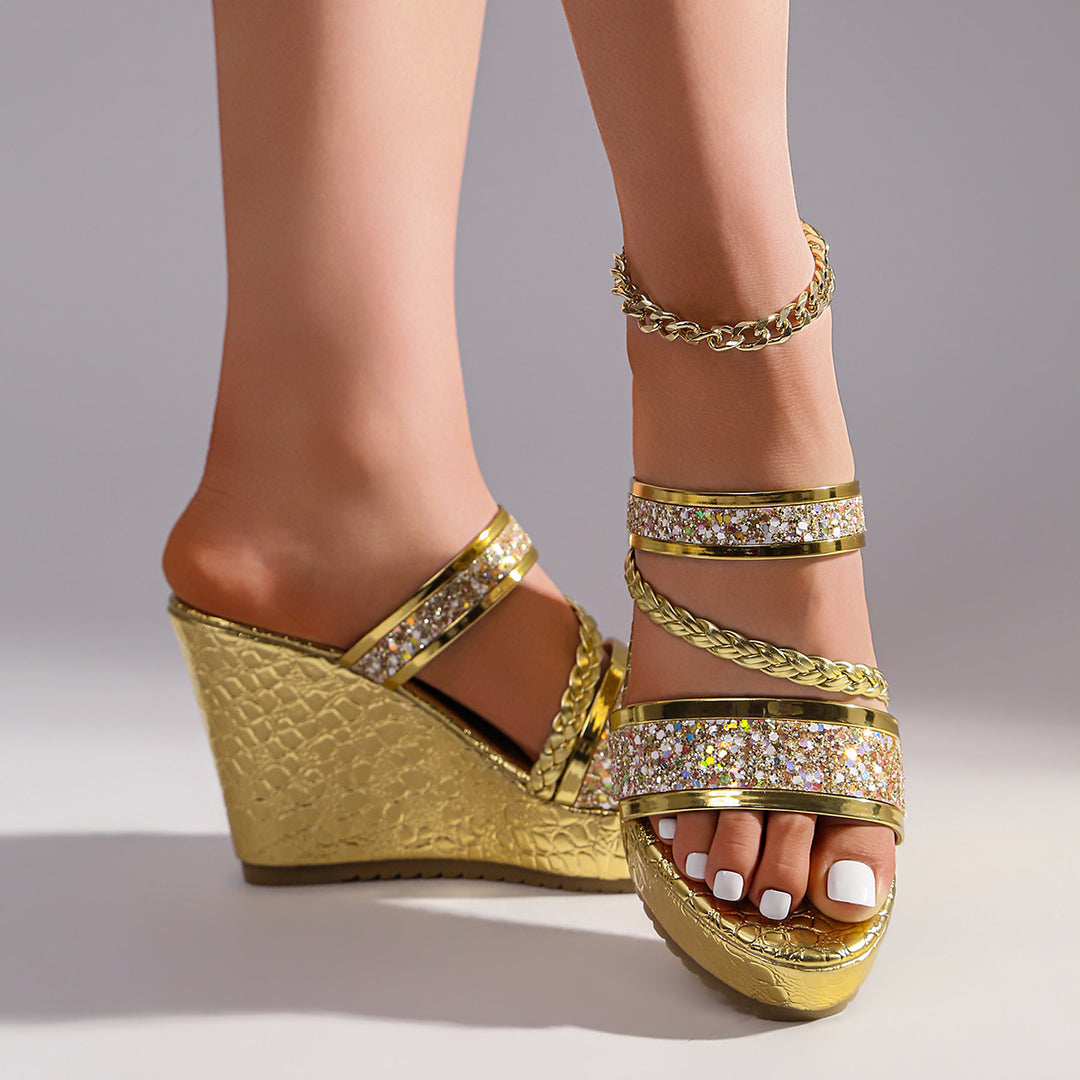 Damen Wedge-Sandalen mit funkelnden Akzenten und elegantem Krokodil-Design EB