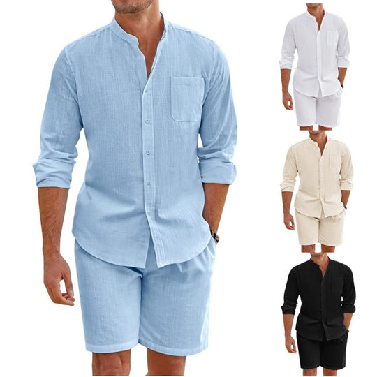 Herren nan Leinenoptik-Zweiteiler mit Stehkragen-Hemd, Brusttasche und legeren Shorts EB