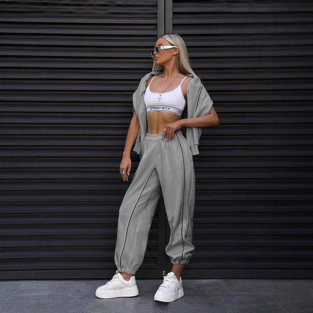 Damen nan kurzes Crop-Sweatshirt und lässige Jogginghose mit kontrastierenden Paspeln EB