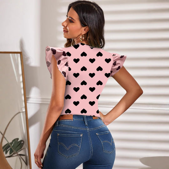 Damen Kurzarm T-Shirt mit Rüschenärmel und Herzmotiv EB