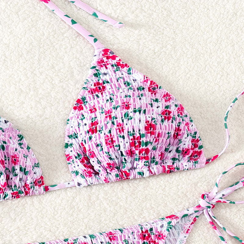 Damen Triangel-Bikini mit floralen Mustern und verstellbaren Bindebändern EB