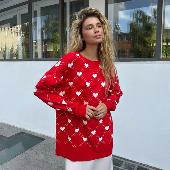 Damen Gemusterter Strickpullover mit Herzmotiv und lässigem Schnitt EB