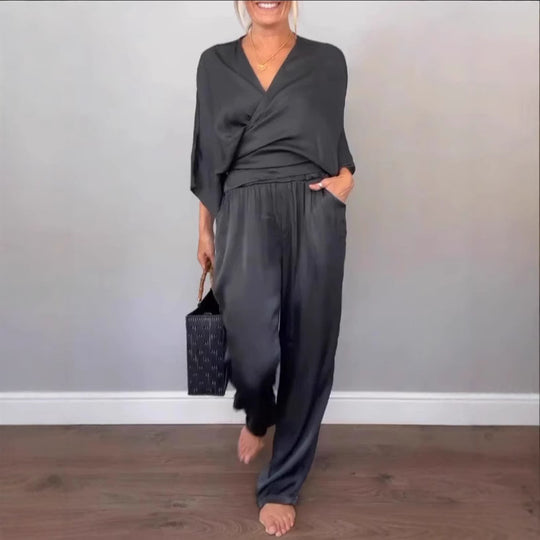 Damen Elegantes Wickeloberteil mit weitem Schnitt und passenden Palazzo-Hosen EB