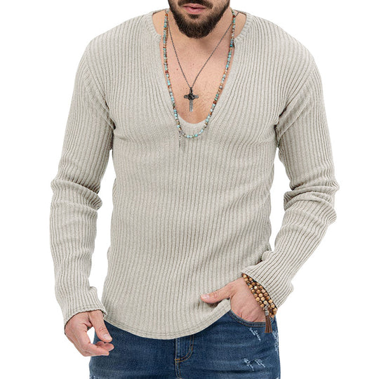 Herren lässiger Ripp-Pullover mit tiefem V-Ausschnitt und feiner Struktur EB