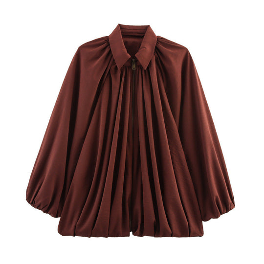 Damen Modische Bluse mit Volants und Reißverschluss EB