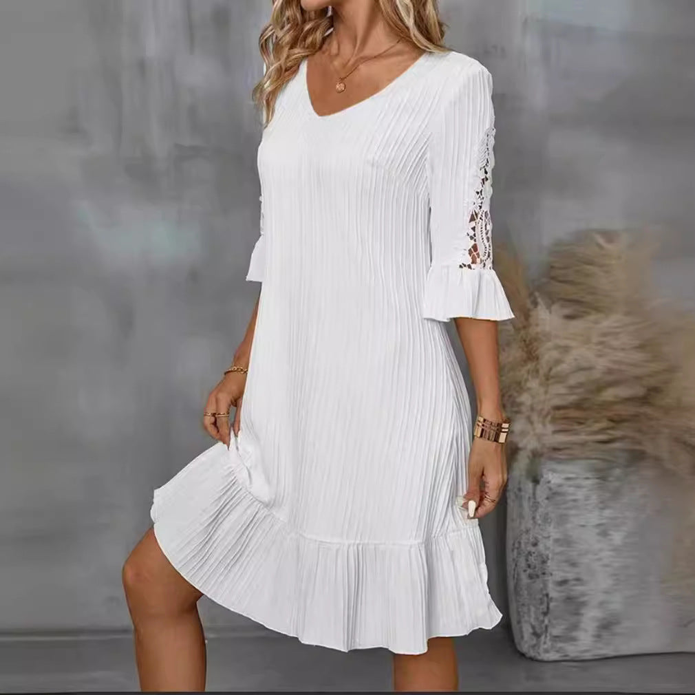 Damen Kurzarm Kleid mit voluminösem Saum und Spitzenärmeln Heidi-Mode