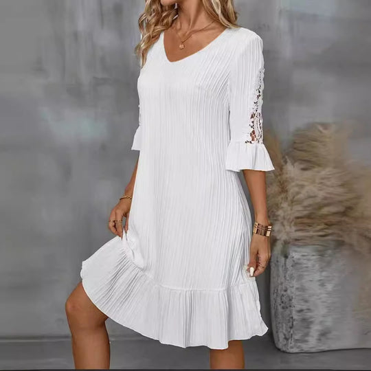 Damen Kurzarm Kleid mit voluminösem Saum und Spitzenärmeln Heidi-Mode
