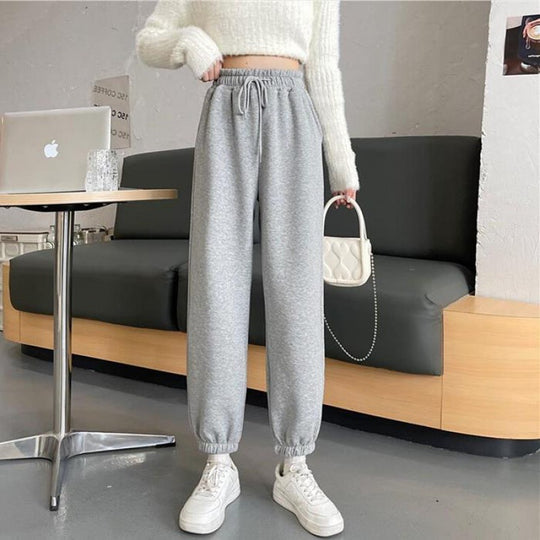 Damen nan weite hochgeschnittene Sweatpants mit elastischem Bund Kordelzug und gerippten Knöchelbündchen EB