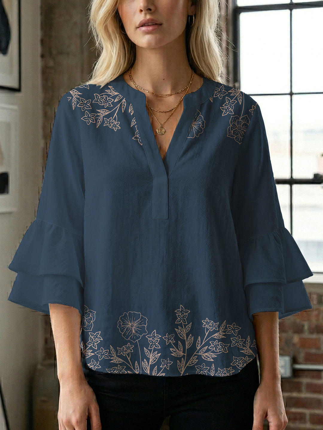 Damen Bluse mit voluminösen Rüschenärmeln und floralem Druck EB