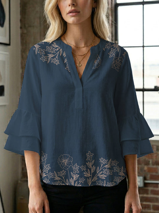 Damen Bluse mit voluminösen Rüschenärmeln und floralem Druck EB