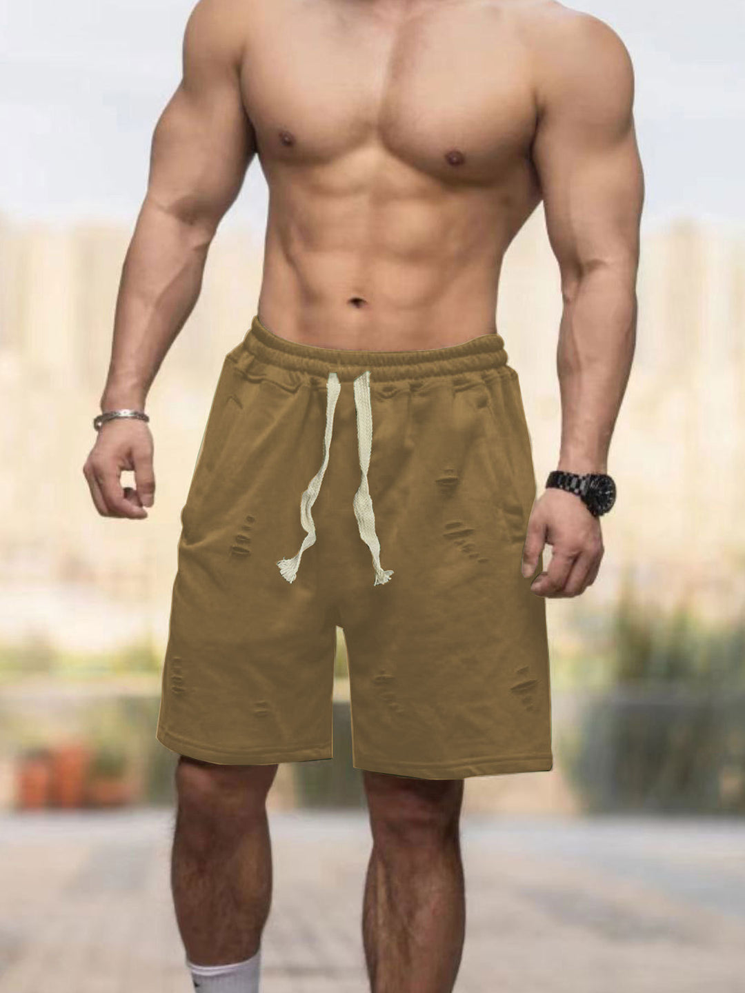 Herren nan lässige Sweatshorts mit elastischem Tunnelzugbund Eingrifftaschen und Used-Optik EB