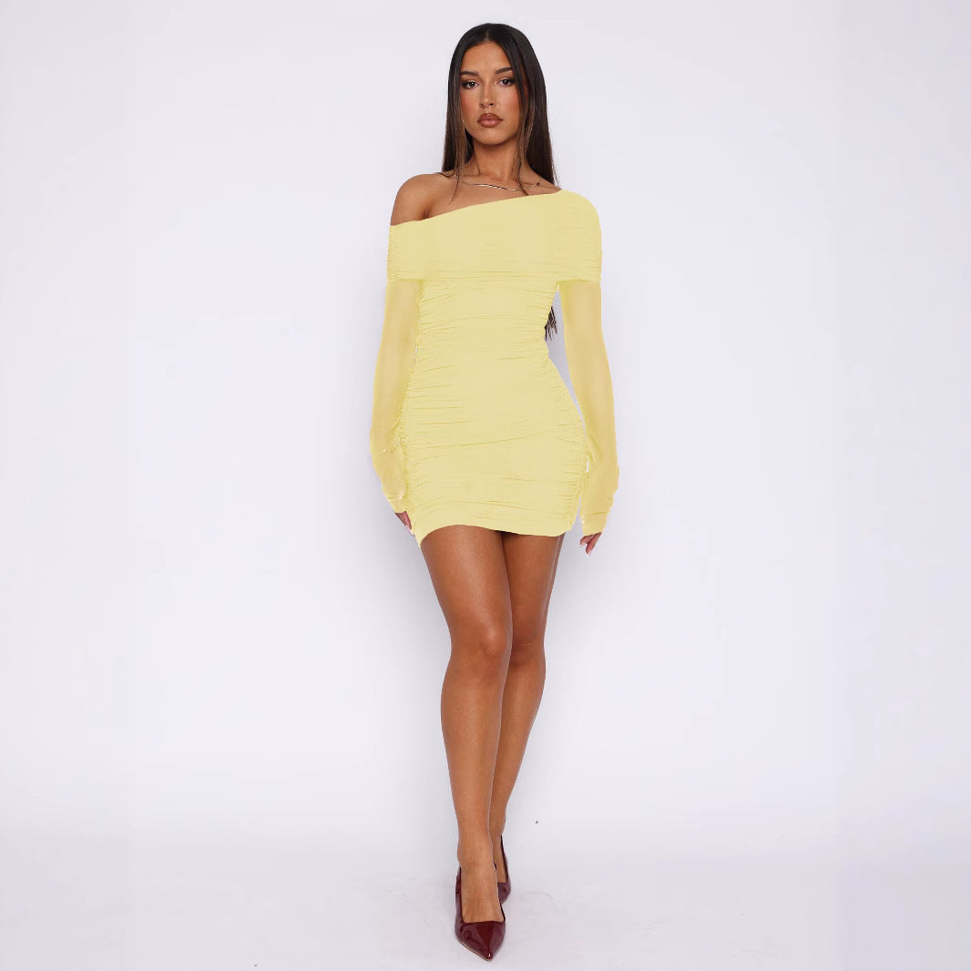 Damen Elegantes Minikleid mit asymmetrischen Ärmel und Raffung EB
