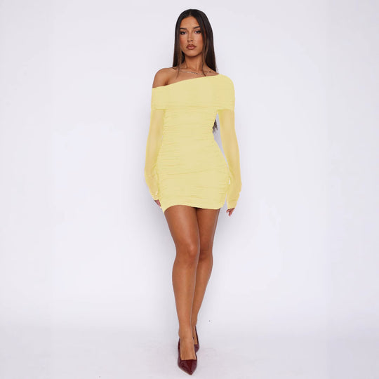 Damen Elegantes Minikleid mit asymmetrischen Ärmel und Raffung EB