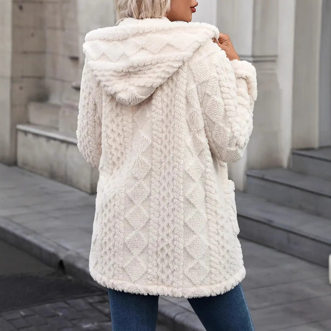 Damen angenehme und weiche Plüschjacke mit Kapuze und Taschen EB