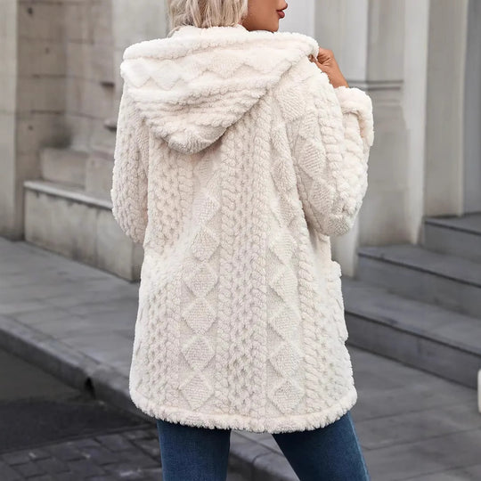 Damen angenehme und weiche Plüschjacke mit Kapuze und Taschen EB