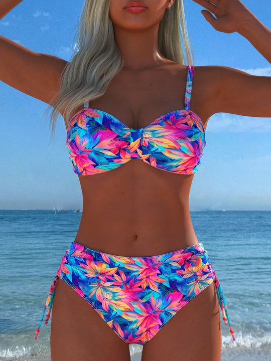 Damen Bikini-Set mit stilvollem Karomuster und goldfarbenen Akzenten EB