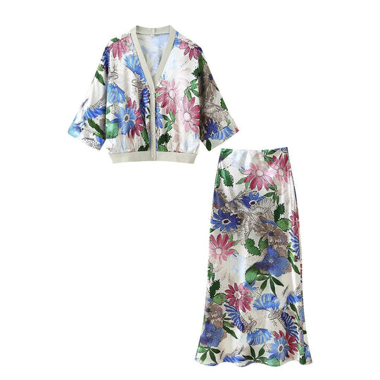 Damen Blütenmuster Set mit Kurzjacke und maxikleid EB