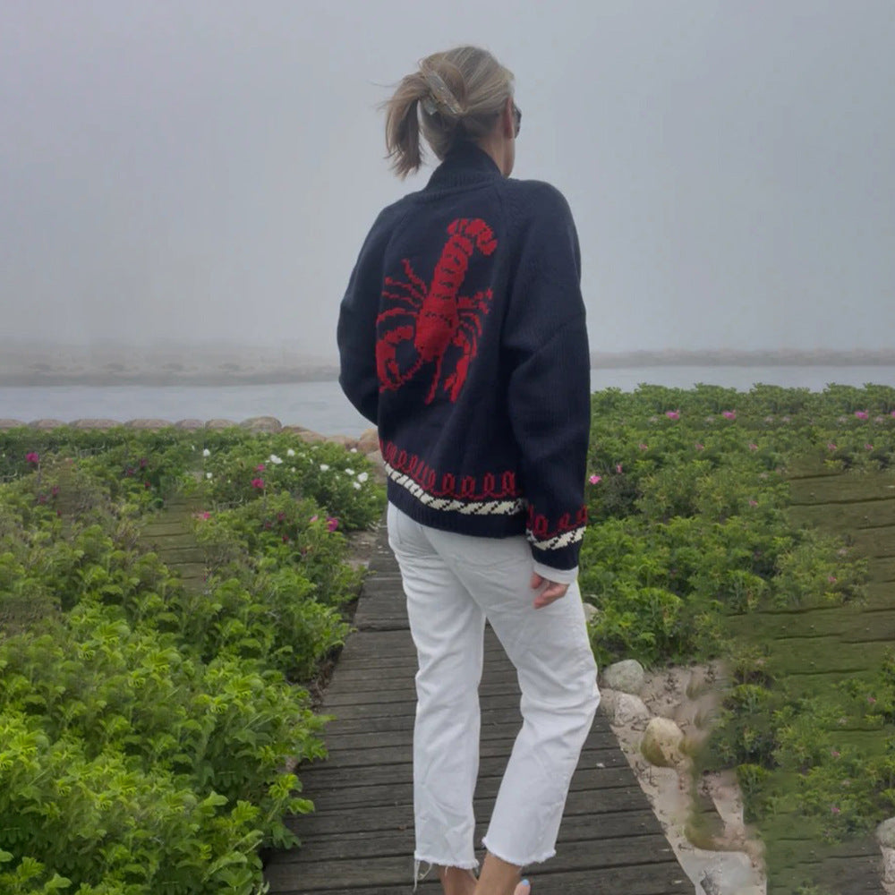 Damen Oversize Strickcardigan mit Walmotiv und nautischer Kontrastbordüre EB