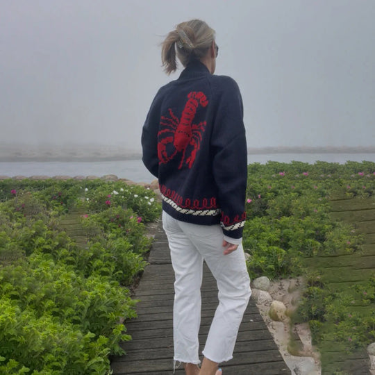 Damen Oversize Strickcardigan mit Walmotiv und nautischer Kontrastbordüre EB