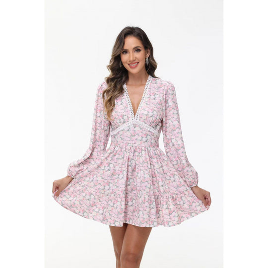 Damen Boho-florales Minikleid mit V-Ausschnitt und Puffärmeln EB
