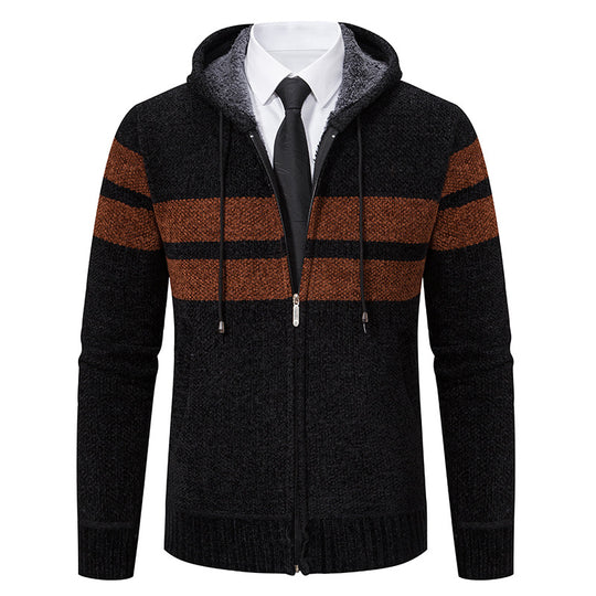 Herren nan gestrickte Kapuzenjacke mit Teddyfutter, verdecktem Reißverschluss und kontrastreifen EB