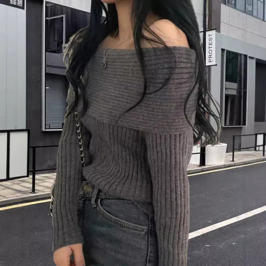 Damen Off-Shoulder Strickpullover mit elastischem Rippdesign EB