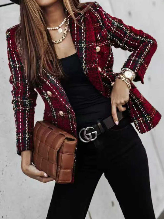 Damen Bouclé-Tweed-Blazer mit Karomuster und doppelreihiger Knopfleiste EB
