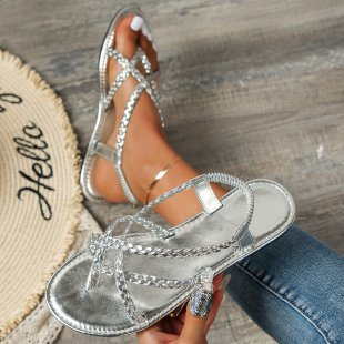 Damen elegante geflochtene Riemensandalen mit trendigem Metallic-Finish EB