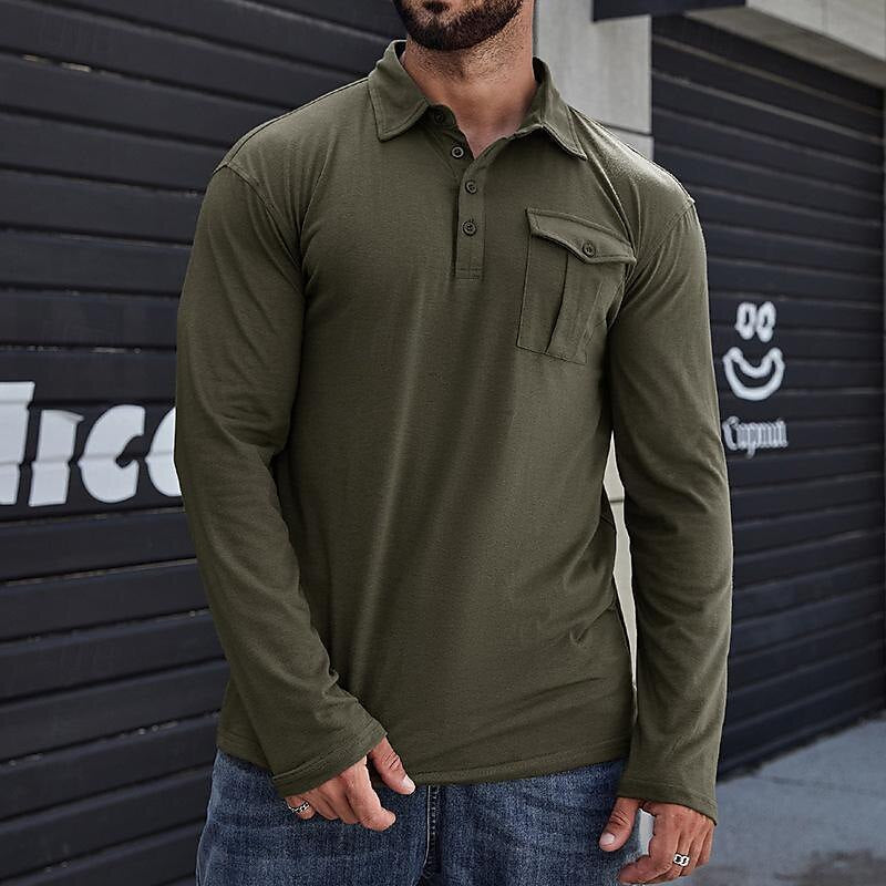 EB | Henley Pique Shirt Lange Ärmel Moderner Kragen Brusttasche Normale Passform
