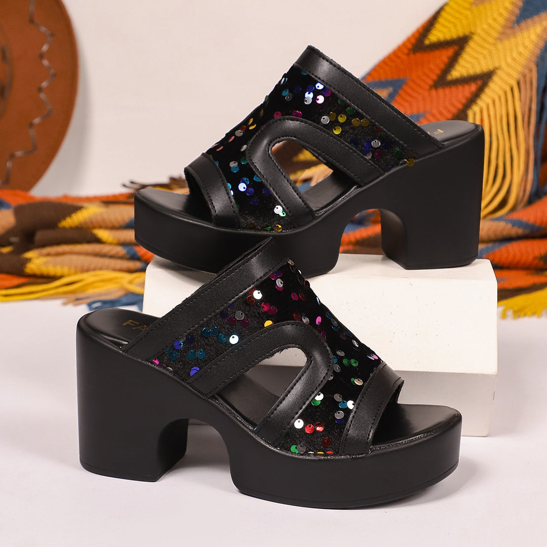 Damen Glamouröse Plateau-Pantoletten mit Glitzer-Applikationen EB