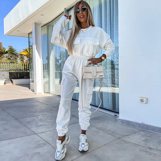 Damen Cargo-Loungewear-Set aus weicher Baumwollmischung mit hoher Taille und aufgesetzten Cargo-Taschen EB