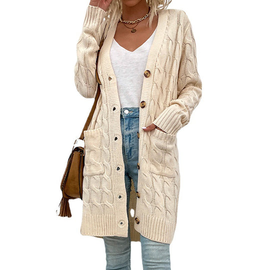 Damen Strickjacke mit tiefem V-Ausschnitt und elegantem Zopfmuster EB